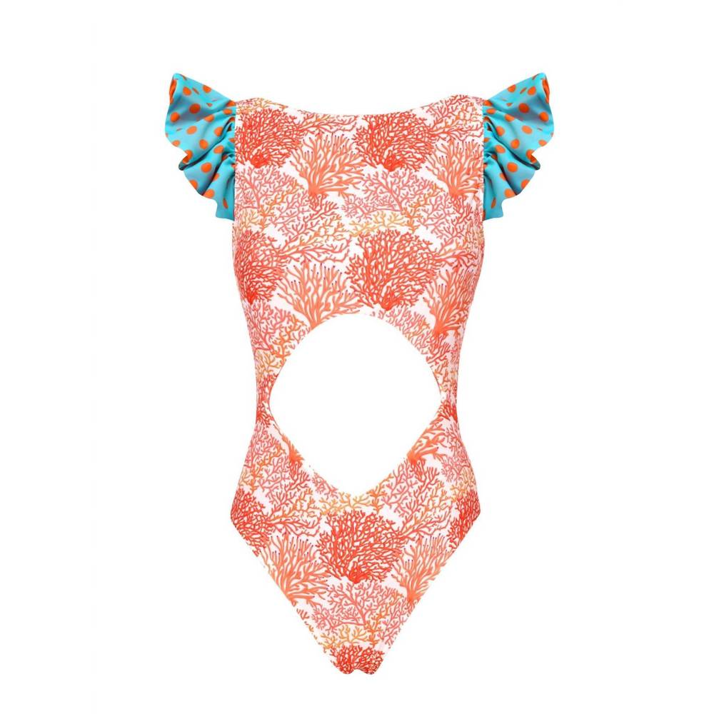 NEW LIA SAHARA women's cut out one piece + reversible ruffles in coral